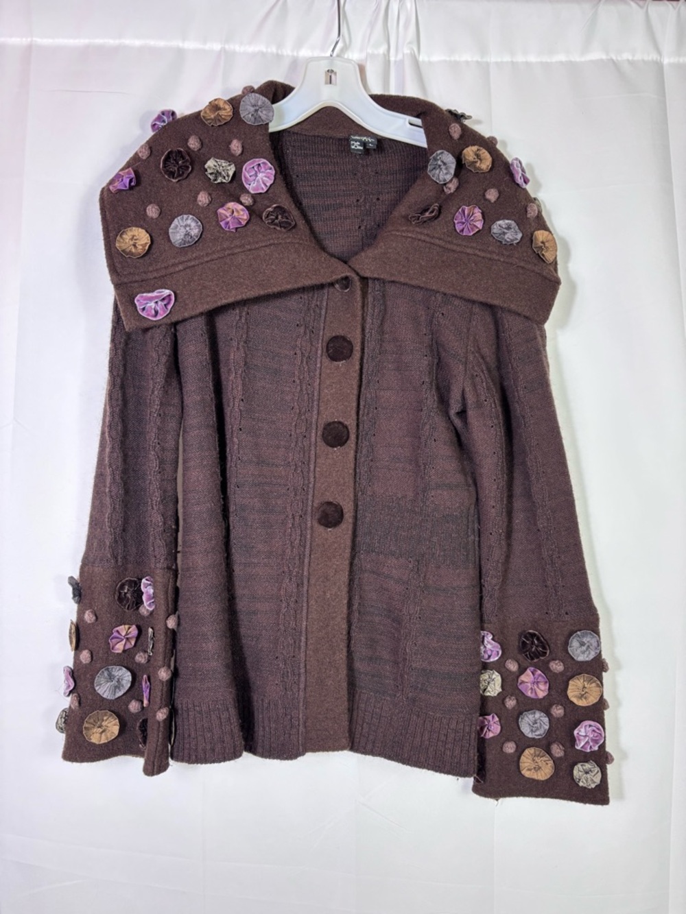 Vtg Covelo Boho Appliqué Cardigan L Brown Cottagecore Rosette Art To Wear Floral